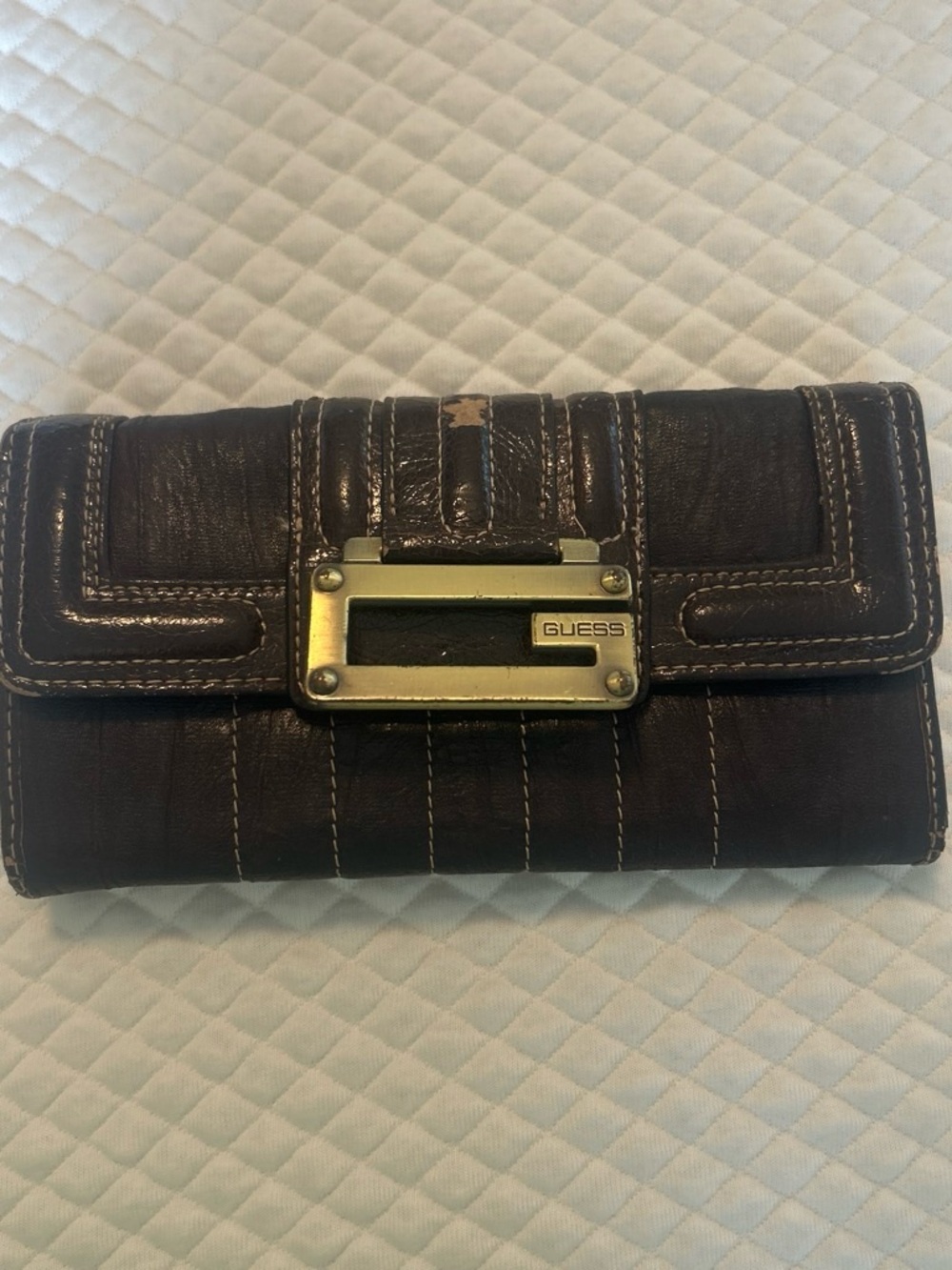 GUESS Dark Brown Leather Flap Wallet with Gold Tone Hardware